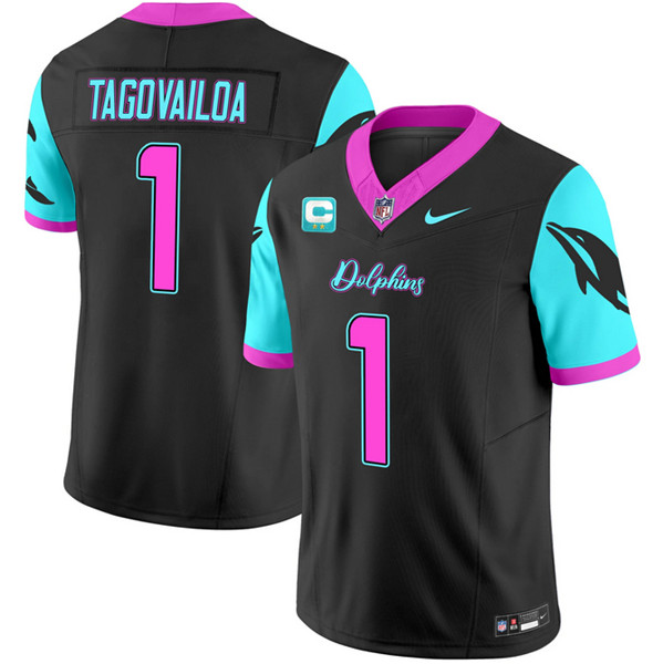 Men's Miami Dolphins #1 Tua Tagovailoa Black F.U.S.E. With 2-star C Patch 
